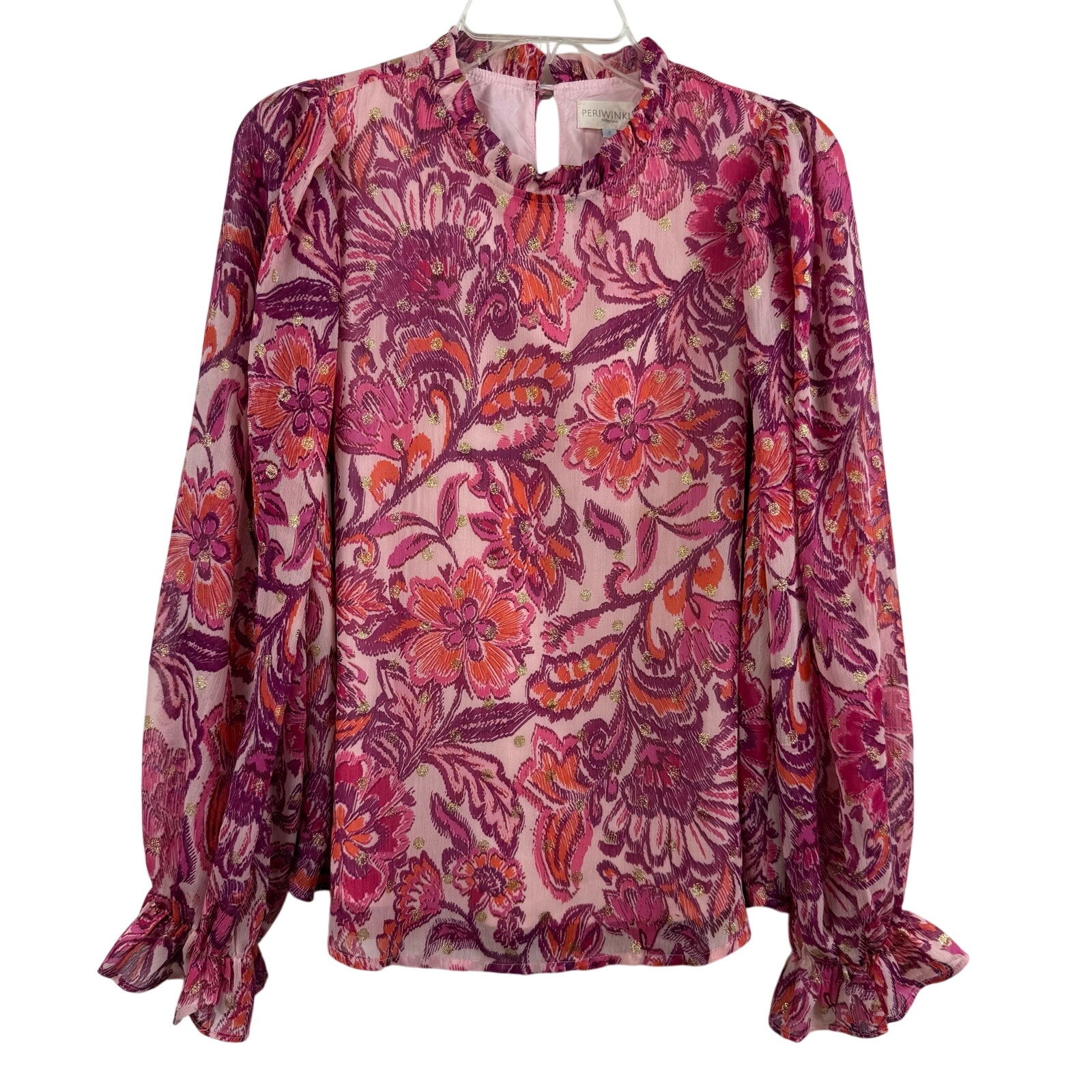 Periwinkle Collection Pink Floral Glitter Polka Dot Blouse Small Balloon Sleeve